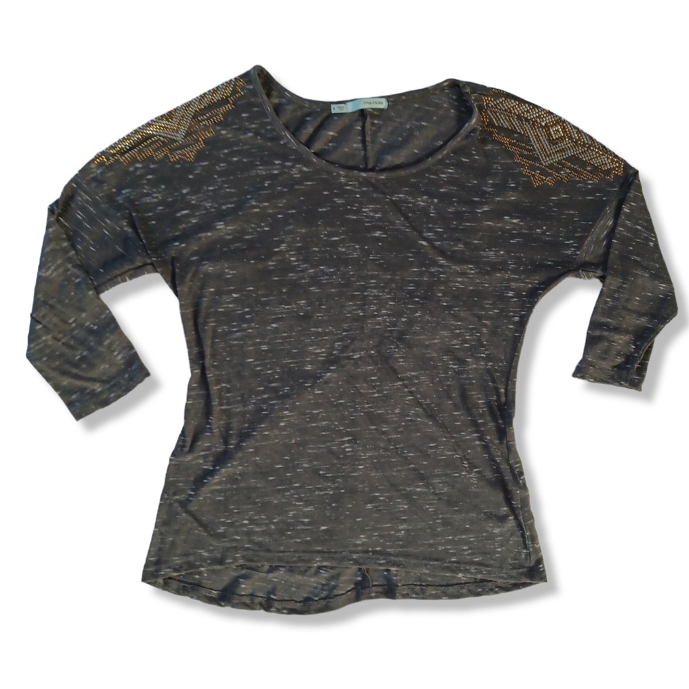 Maurices Top Tee Shirt Blouse Gray Heather Embellished 3/4 Sleeve Aztec Size S